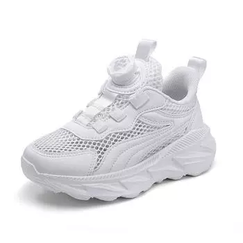 Детские сетчатые кроссовки с вращающейся пряжкой, летние низкие дышащие спортивные туфли с открытым верхом, белые туфли 28