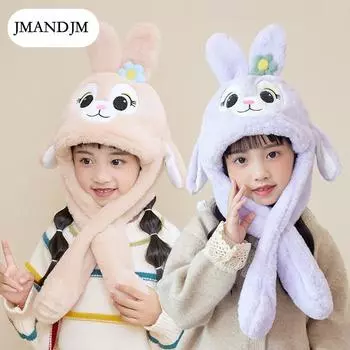 Детские шапки, двигающиеся ушки, шарфы с мультяшными кроликами, универсальные шапки, для мальчиков и девочек, зимние защитные наушники, пуловеры.