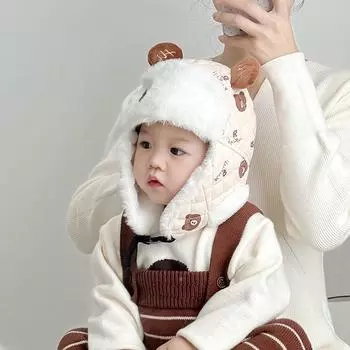 Детские шапки Lei Feng, осенние и зимние теплые утолщенные шапки-ушанки, для мальчиков и девочек, милые медведи, плюшевые шапки-свитера Tide circumference 46-53cm/reference 1-7 years old бежевый