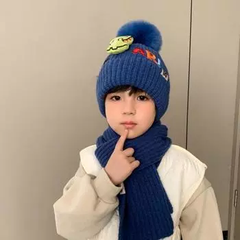 Детские шапки Осень и зима Шерстяные шапки для мальчиков Теплые и утолщенные Новые шарфы для девочек 2024 года Утепленные Для детей среднего и старшего возраста Зарубежный стиль + 2-12 years old 48-55CM + average size