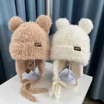 Детские шапки осенне-зимние для мальчиков и девочек, симпатичные плюшевые шапки с ушками, детские утолщенные теплые ветрозащитные вязаные шапки 3-8 years old - average size бежевый