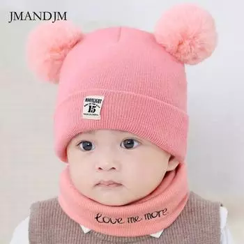 Детские шапки осенне-зимний комплект из двух предметов для новорожденных шерстяной шарф утолщенная термошапка детский шарф вязаная шапка average size