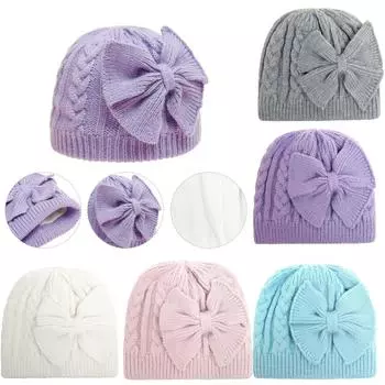 Детские шапки с бантом для мальчиков и девочек, хлопковые вязаные зимние теплые шапки серый