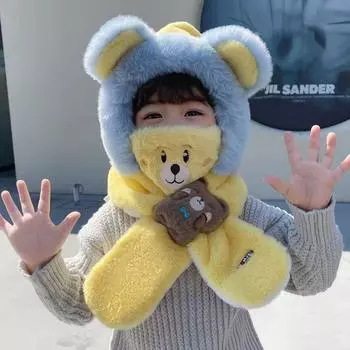 Детские шапки, шарфы, интегрированные зимние пушистые шапки для мальчиков и девочек, ветро- и морозозащитные защитные наушники, съемный комплект из трех предметов розовый