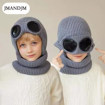 Детские шапки, шарфы, комплекты из двух предметов, зимние бархатные наушники, шерстяные шапки с очками, вязаные свитера. серый