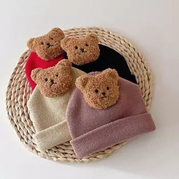 Детские шапки, теплая шапочка, модная милая вязаная крючком шапка с рисунком медведя для новорожденных мальчиков и девочек, осень-зима