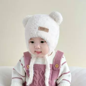 Детские шапки зимние милые для мальчиков и девочек детские флисовые шапки-ушанки кораллового цвета ветрозащитные и флисовые теплые толстые recommended 3-24 months/hat circumference 43-48cm молочный белый
