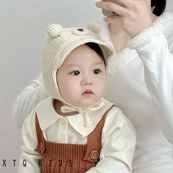 Детские шапки зимние теплые милые очень милые маленькие месячные детские шапки с ушками шарики для мальчиков и девочек вязаные шапки 38-46cm recommended for 1-15 months