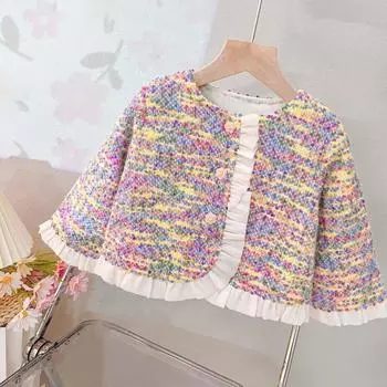 Детские шерстяные трикотажные топы с длинным рукавом в стиле ретро для девочек, пальто на пуговицах, повседневная верхняя одежда, брюки для девочек на весну и осень 80 разноцветный