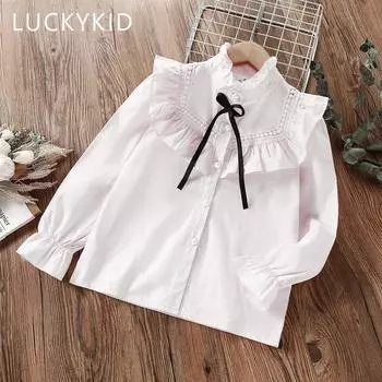Детские школьные рубашки с рюшами для девочек, блузки, белая хлопковая весенне-осенняя детская одежда с длинными рукавами для подростков 8, 10, 12, 13 лет 3T