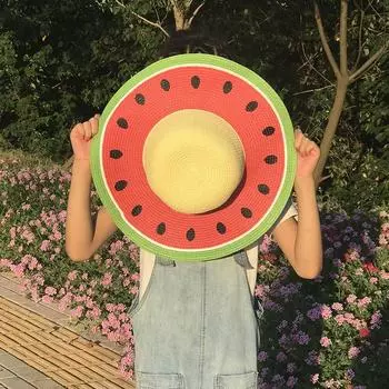 Детские шляпы летние солнцезащитные шляпы для мальчиков и девочек дорожные солнцезащитные шляпы с арбузной соломкой детская шляпа с большими полями для родителей и детей Children 47-53cm