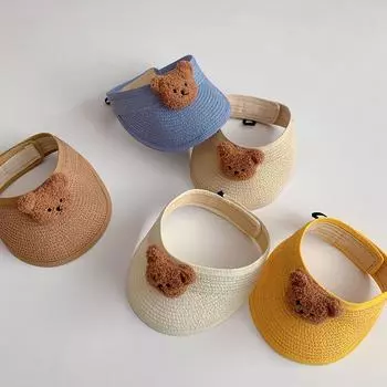 Детские шляпы от солнца, соломенный пустой цилиндр для девочек с плюшевым украшением в виде мультяшного медведя