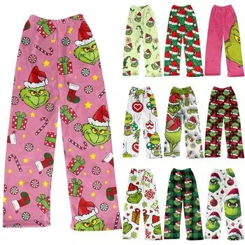 Детские штаны с рождественским принтом, плюшевые повседневные штаны 130 циан