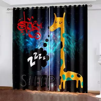 Детские шторы для спальни, мультяшные животные, принтованные оконные шторы, шторы для гостиной, декор(2 панели) Кортина Кортинас W132cm x H160cm&Hook