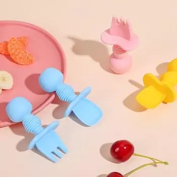 Детские силиконовые вилки, ложки, жевательные принадлежности, первая ступень обучения, хищник, посуда для малышей, светодиодная лампа для отлучения от груди с ящиком для хранения белый