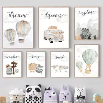 Детские слон, медведь, кролик, автомобиль, воздушные шары, постеры и принты, скандинавские настенные художественные фотографии, холст, картина, детская комната, домашний декор 21X30cm No Frame