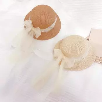 Детские соломенные шляпы для девочек, солнцезащитные шляпы, украшения из пряжи с бантом и лентой S
