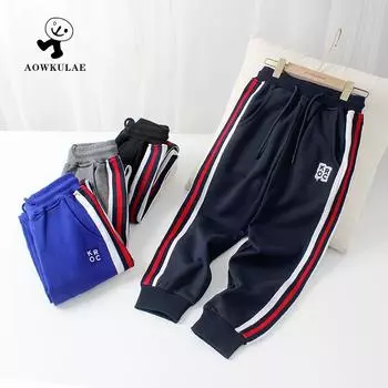 Детские спортивные брюки в корейском стиле на весну и осень: Спортивные штаны из контрастной махровой ткани с вышивкой для мальчиков 110 cm чёрный