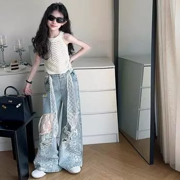 Детские стильные уличные джинсы Y2k для девочки, джинсовые брюки на шнурке с кружевом, детская мода, хип-хоп, рваные джинсы, брюки с дырами 170