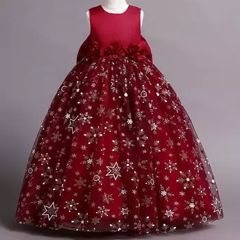 Детские свадебные платья для девочек, элегантное длинное платье принцессы с цветочным узором, рождественское платье для маленьких девочек, сетчатые платья с большим бантом 110cm розовый