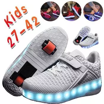 Детские светодиодные кроссовки 4 цветов с двумя / одним колесами, роликовые коньки для мальчиков и девочек, повседневная обувь с роликом, детские игрушки для мальчиков и девочек 29 & Two wheel розовый