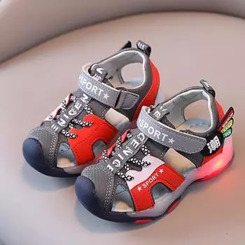 Детские светодиодные сандалии для мальчиков, летние модные нескользящие спортивные сандалии с закрытым носком для малышей, детская уличная повседневная пляжная обувь с подсветкой 22 синий