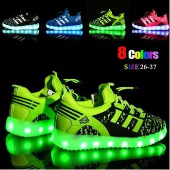 Детские светодиодные USB-зарядные устройства, детские повседневные кроссовки, спортивная дышащая обувь, большие размеры 26-37 26 чёрный