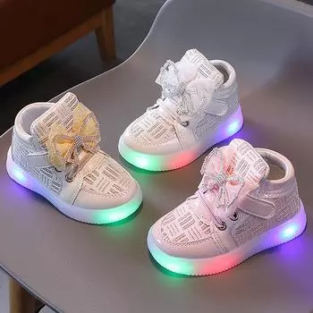 Детские светящиеся кроссовки, детская обувь с бантом принцессы для девочек, обувь со светодиодной подсветкой, милые детские кроссовки с легкими высокими туфлями, повседневные ботинки 21 серебряный