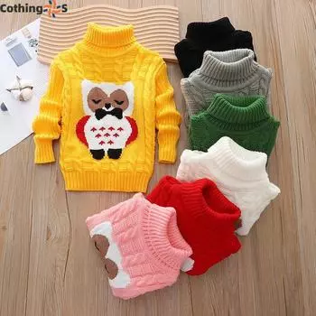 Детские свитера осень и зима с длинными рукавами для мальчиков и девочек, вязаный свитер с мультяшным принтом и высоким воротом 90cm белый