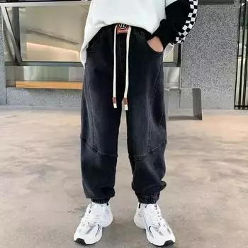 Детские свободные повседневные брюки на шнурке для мальчиков, джинсы на весну и осень, черные модные спортивные брюки на шнурке 170 чёрный