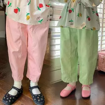 Детские свободные прямые брюки для девочек, однотонные брюки с эластичной резинкой на талии 13