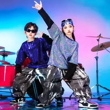 Детские танцевальные и сценические костюмы: Расшитая блестками барабанная установка для мальчиков и уличные танцевальные костюмы для девочек для празднования Нового года 110cm