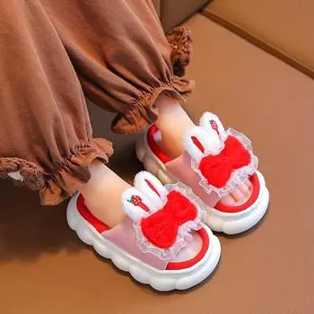 Детские тапочки для девочек, тапочки с бантом, милые домашние тапочки с ушками кролика из мультфильма, нескользящие мягкие льняные шлепанцы для детей на открытом воздухе 24-25 красный