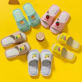 Детские тапочки для дома, льняные, весна, лето, осень и зима, нескользящие, для мальчиков и девочек, детские, хлопковые тапочки 24/25 (inner length approx. 15.5cm) земляничный