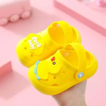 Детские тапочки для мальчиков на лето, противоскользящие для дома, мягкая подошва с рисунком для девочек, детские классные тапочки с дырочками 21-22 жёлтый