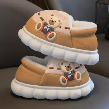 Детские тапочки из хлопка, зимние новые мультяшные милые домашние тапочки для мальчиков, водонепроницаемые, удобные, нескользящие, плюшевые, теплые, хлопковые тапочки 22 23inner13.5cm хаки