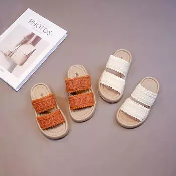 Детские тапочки Летние тапочки в национальном стиле Bohemia для девочек, повседневные пляжные тапочки, модные мягкие детские тапочки Princess с открытым носком 23 бежевый