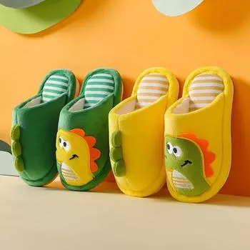 Детские тапочки, плюшевые тапочки с милым мультяшным динозавром, нескользящая детская обувь на мягкой подошве, домашняя обувь 26-27