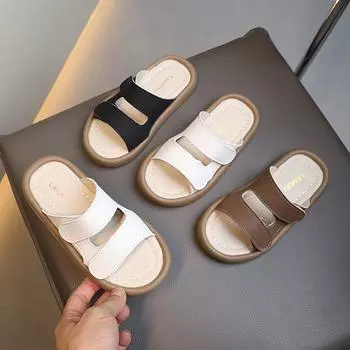 Детские тапочки, простая детская летняя пляжная обувь для мальчиков и девочек, повседневные домашние тапочки с открытым носком, мягкая подошва, 2024 г., новинка 26 чёрный