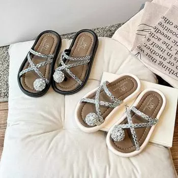 Детские тапочки с оттягивающимся носком для девочек, летняя пляжная обувь для принцессы на отдыхе, детские сандалии с кристаллами, элегантная мода 26 бежевый