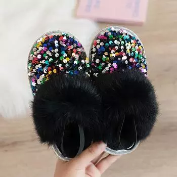 Детские тапочки с пайетками в британском стиле для девочек, блестящие тапочки, однотонные, плюшевые, теплые, зимние, детские, модные, хлопковые, новые 23 чёрный