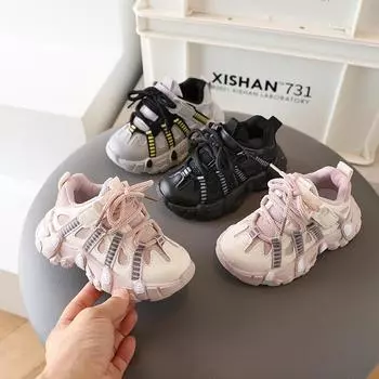 Детские теннисные туфли весна осень новые универсальные детские кроссовки для девочек модные нескользящие повседневные кроссовки для мальчиков школьные беговые кроссовки 21 чёрный