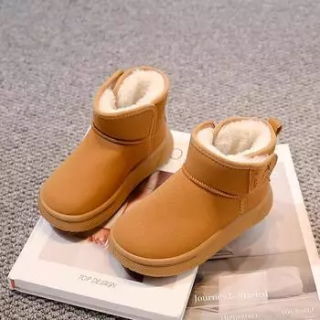 Детские теплые ботинки с нескользящей застежкой-липучкой, модные зимние ботинки для мальчиков и девочек с мехом, 2024, зимние совершенно новые детские модные ботинки, милые 27 коричневый