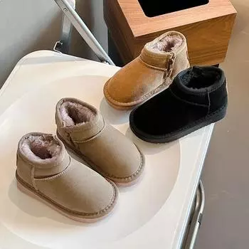 Детские теплые ботинки с толстым мехом, детские зимние ботинки, нескользящие, зимние новые модные ботинки для мальчиков и девочек с боковой молнией 2024 года 22 чёрный