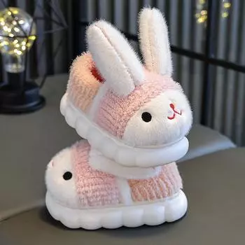 Детские теплые нескользящие хлопковые тапочки с рисунком кролика Fluffys, детские тапочки 22-23 розовый