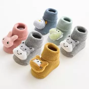 Детские теплые носки-тапочки с героями мультфильмов и животными, хлопковые Нескользящие удобные утолщенные до середины икры для новорожденных S серый