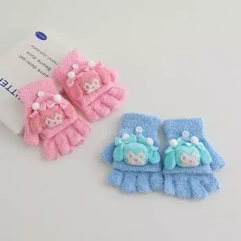 Детские теплые перчатки-перевертыши, симпатичные мультяшные куклы, милые, полупальцы, коралловые, бархатные, полупальцы для мальчиков и девочек, осенние и зимние праздники One Size