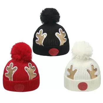 Детские теплые шапки с вышивкой пайетками, детские рождественские вязаные шапки с рогом оленя для мальчиков и девочек