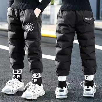 Детские теплые утепленные штаны для мальчиков и девочек, зимние вельветовые детские брюки с высокой талией, лыжные штаны с пуховой подкладкой 160 чёрный