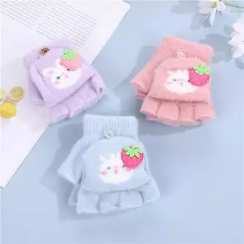 Детские теплые утолщенные перчатки с длинными ушами и кроликом, вязаные перчатки с пятью пальцами и откидным верхом для письма, защищающие от холода и ветра, для маленьких девочек One Size